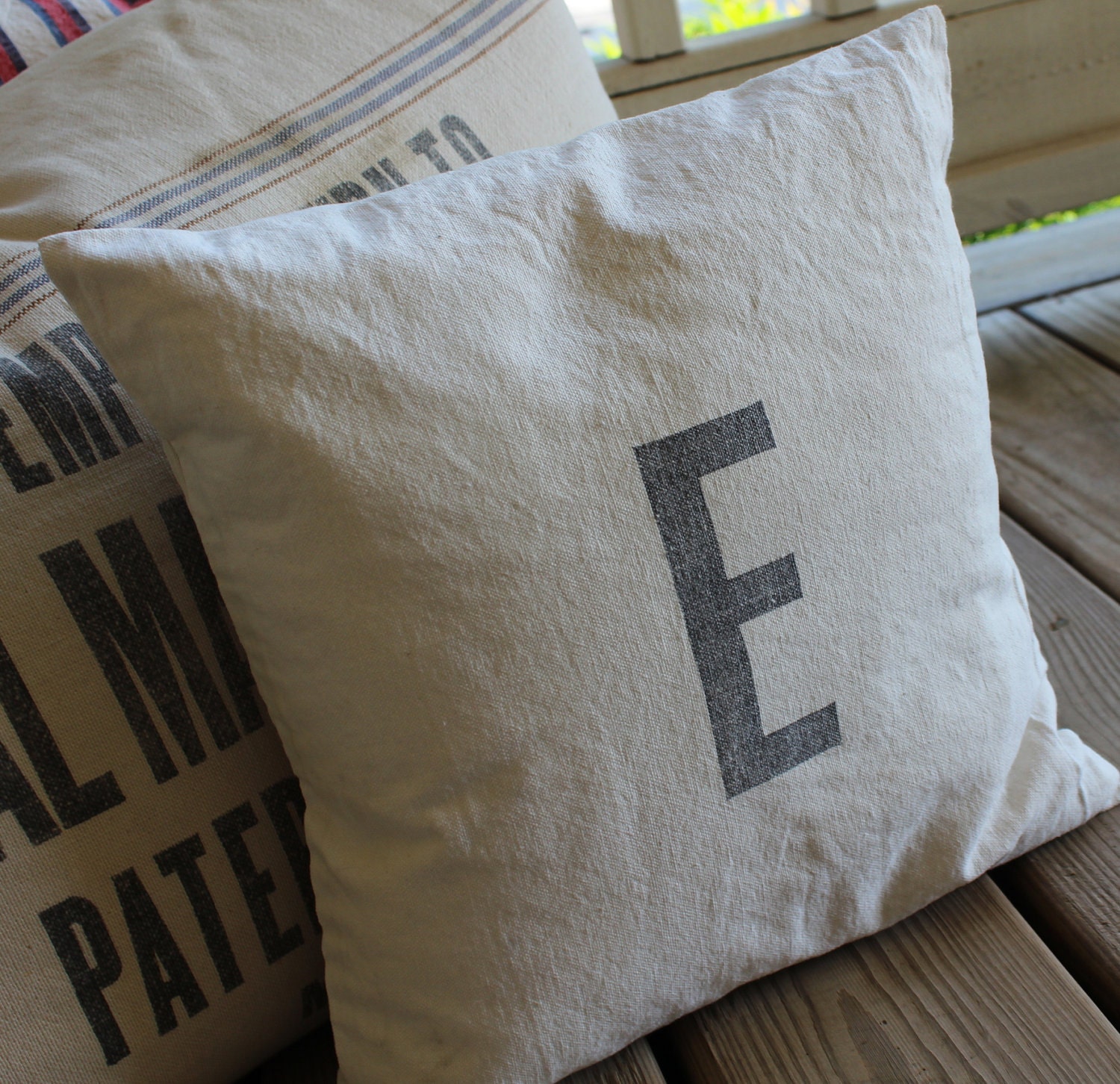 E Pillow - Vintage Laundry Sack - Heavy Canvas - White with Black Letter - Personalized Decor
