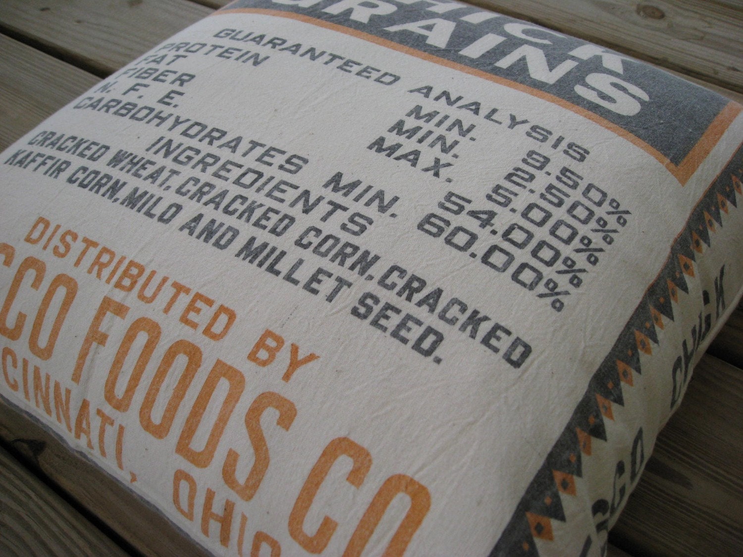 Rustic Decor - Vintage Grainsack Pillow - Wesco Chick Grains - Cincinnati Ohio - Orange and Black - Feed Sack Pillow - Rustic Decor