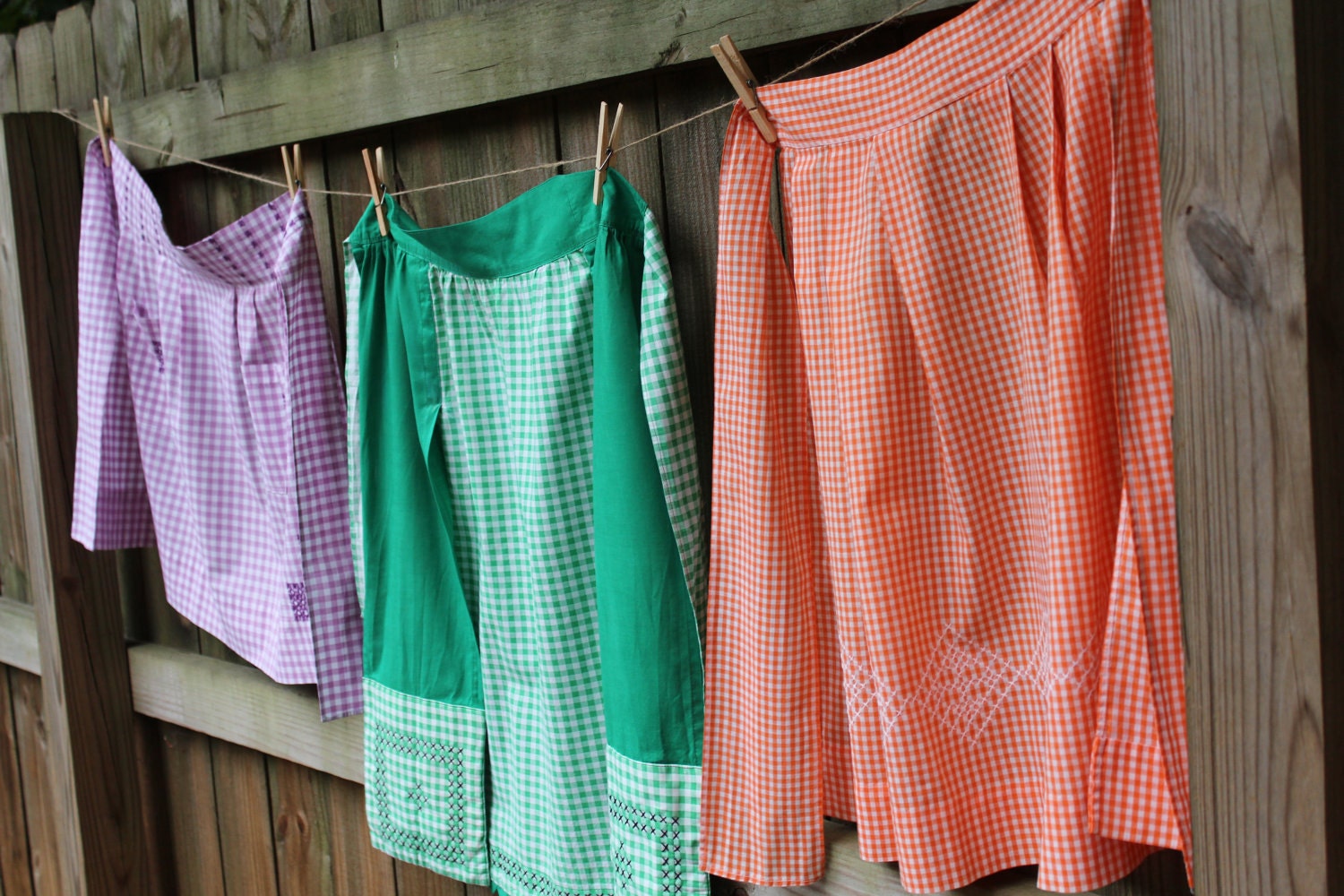 Vintage Half Apron - Green and White Check Gingham with Cross Stitch Detail and Attached Potholders