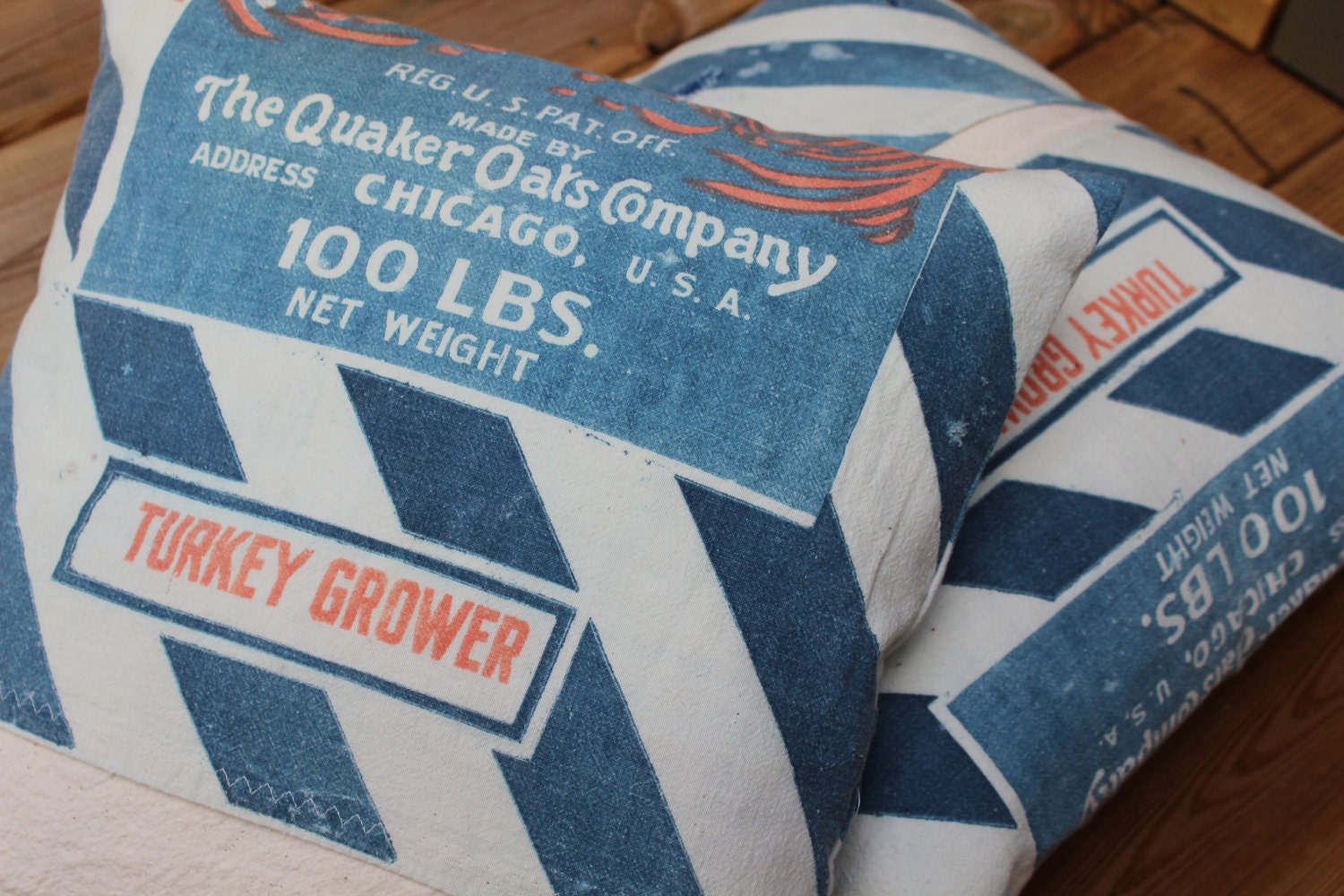 Vintage Grainsack Pillow - Quaker Ful-o-Pep Turkey Grower - Roosters- Primitive - Chicago