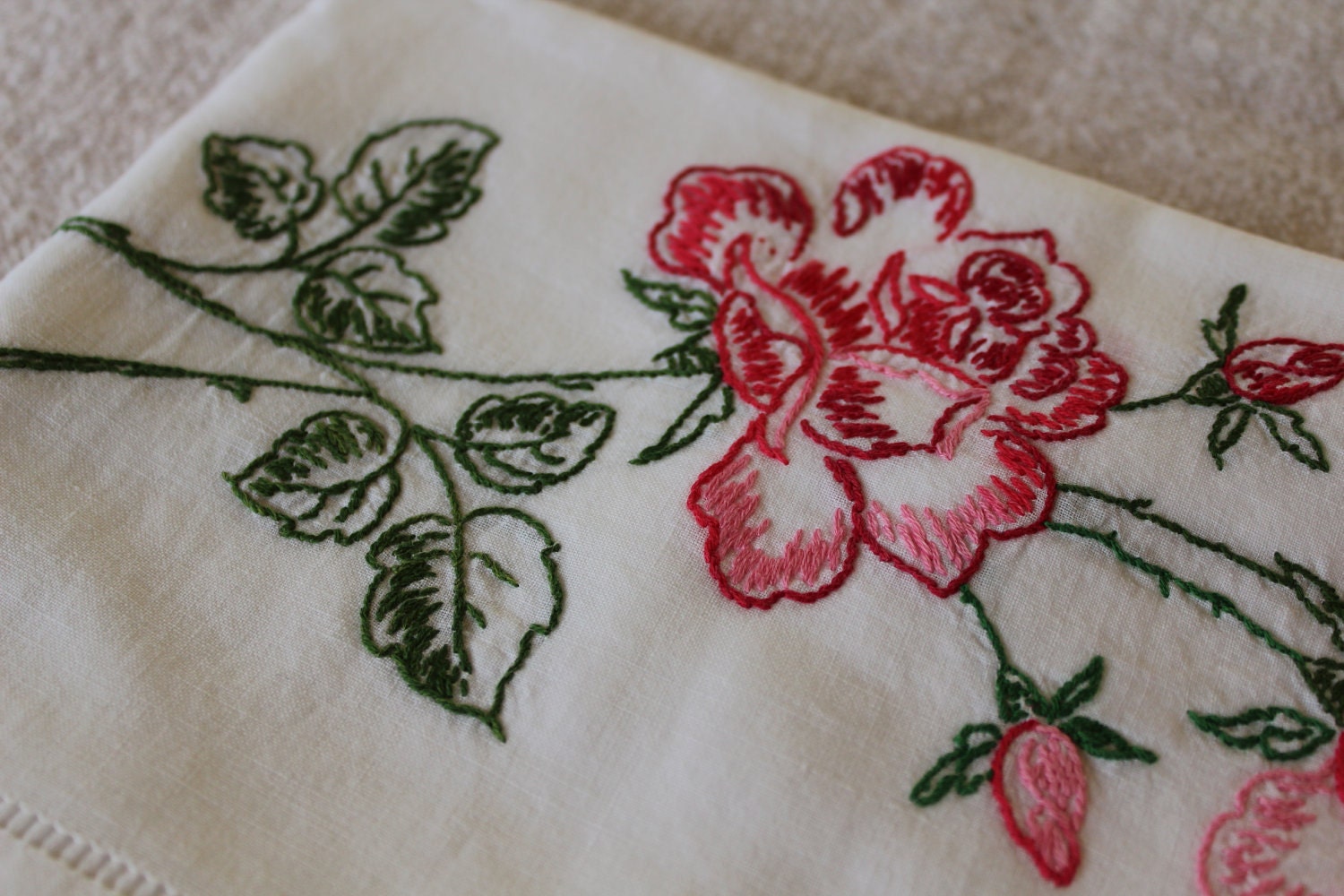 Vintage Cotton Pillowcase with Red and Pink Roses - Embroidery - Hem Stitching - Spring Fresh - Cotton Muslin