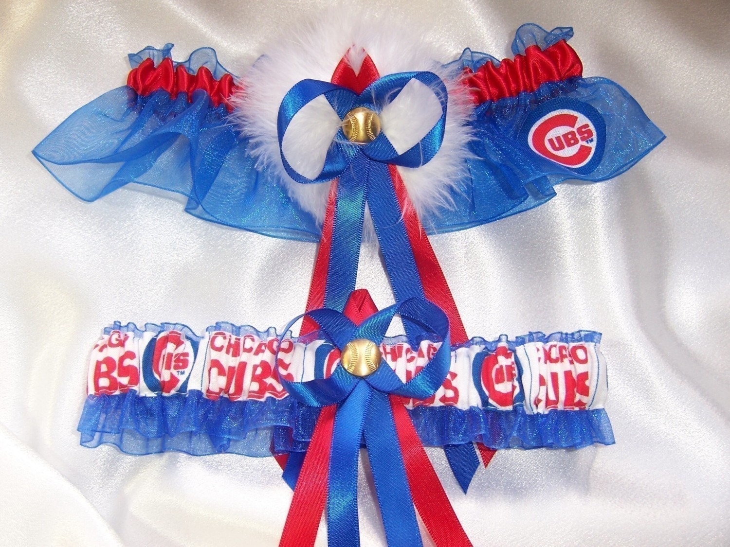 CHICAGO CUBS Inspired Wedding Garter Set with Marabou Pouf