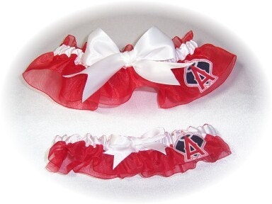 Handmade Wedding Garter Set with Los Angeles Angels fabric Keepsake Toss Bridal rww