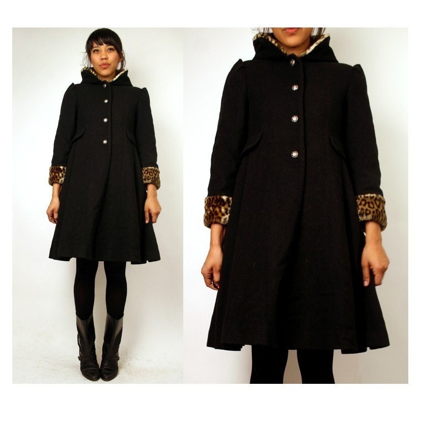 Sz Small Leopard Trim WOOL Coat with Hood