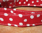 The Lucy - Retro Fabric Red White Polka Dots Organic Cotton MEDIUM Dog Collar - All Antique Brass Hardware