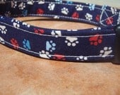 Americana - Organic Cotton SMALL Dog Collar Retro Navy Blue Red White Pawprint - All Antique Brass Hardware