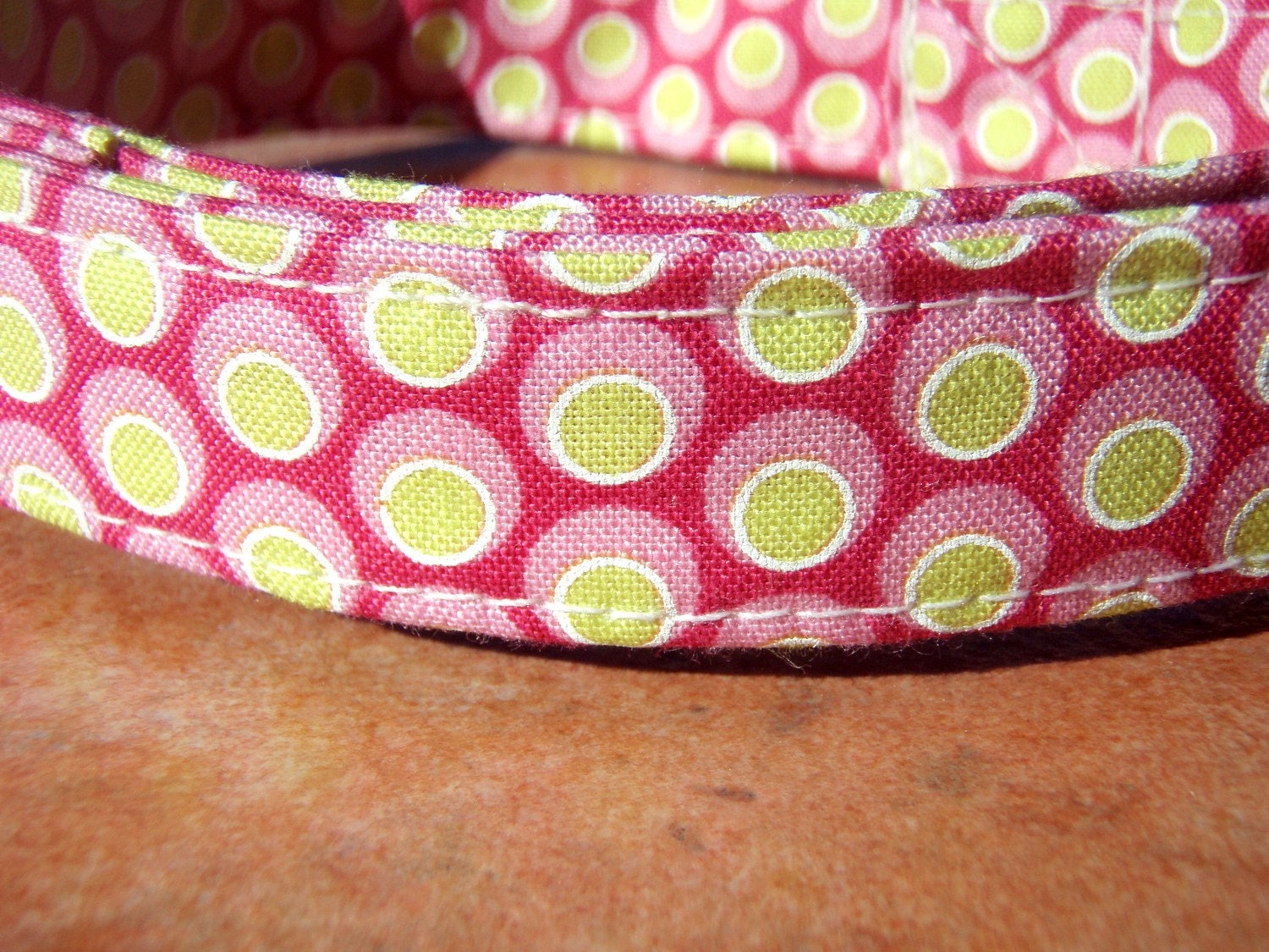 Pink Lemonade - Organic Cotton Dog Collar LARGE Pink and Yellow Dots - All Antique Brass Hardware