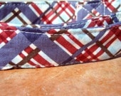 The Frasier - Organic Cotton MEDIUM Dog Collar Blue Brown Red Plaid - All Antique Brass Hardware