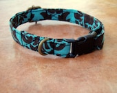 Tropical Romance -Organic Cotton CAT Collar Breakaway Safety Teal Brown Damask - All Antique Brass Hardware