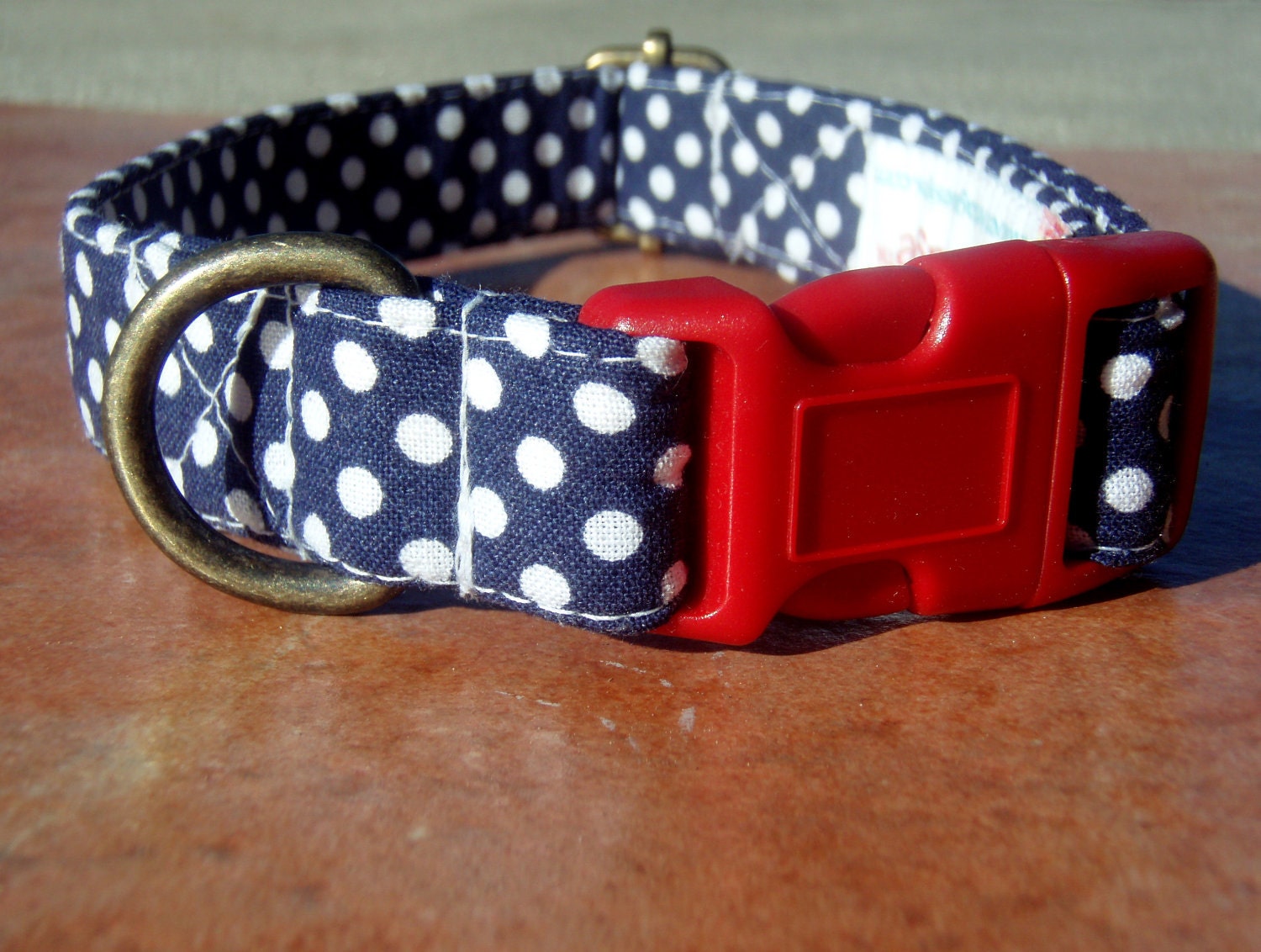 The Brandy - Retro Fabric Navy Blue White Polka Dots Organic Cotton MEDIUM Dog Collar - All Antique Brass Hardware