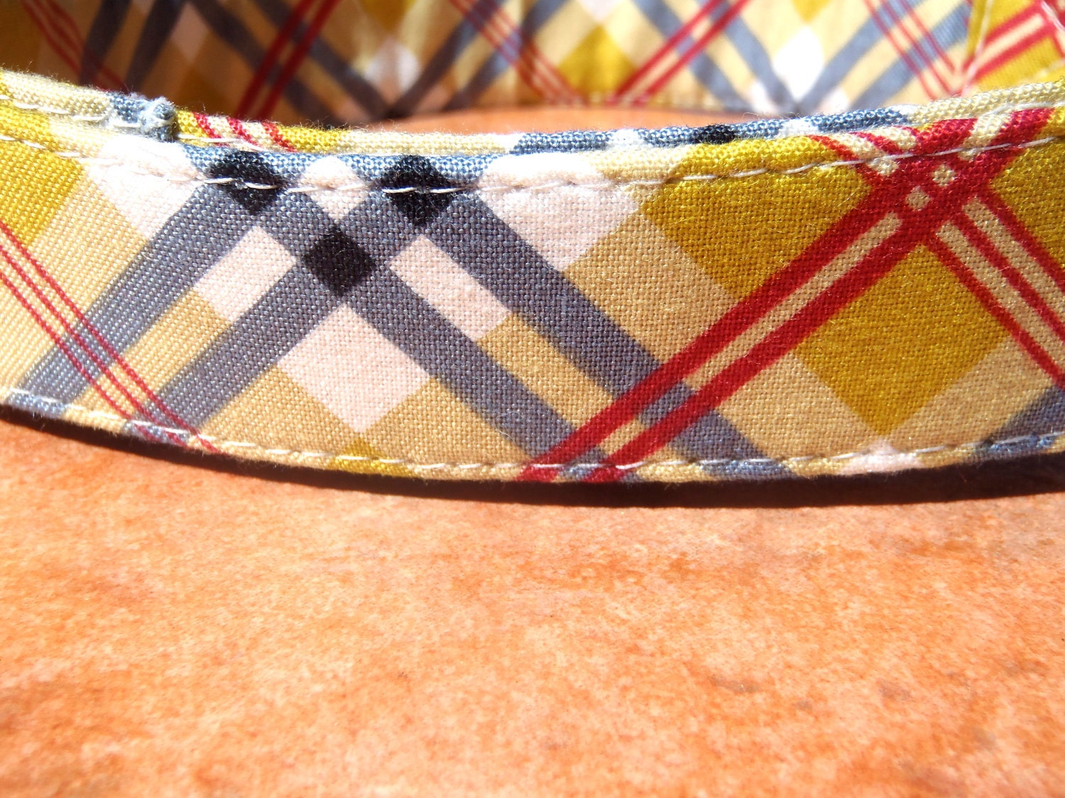 Mustard Seed - Organic Cotton MEDIUM Dog Collar Yellow Blue Plaid - All Antique Brass Hardware