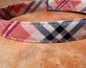 Strawberry Plaid - Organic Cotton CAT Collar Breakaway Safety Pink Blue Plaid - All Antique Brass Hardware