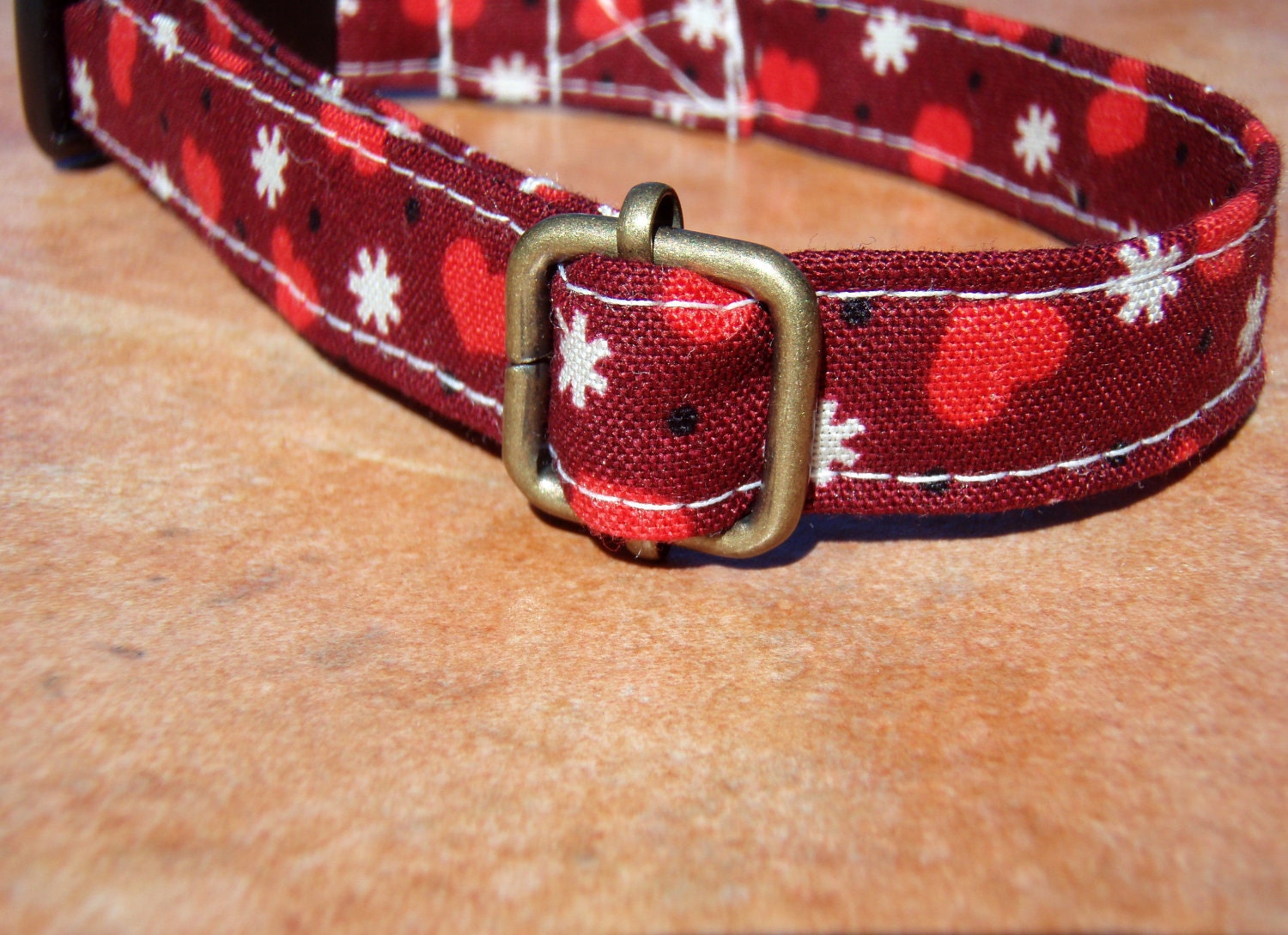 Puppy Love - Organic Cotton CAT Collar Breakaway Safety Red Hearts - All Antique Brass Hardware