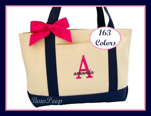Set of 5 Personalized Navy Blue Natural Canvas Large Boat Tote - Initial and Name Tote - classic beach bag bridesmaids gifts initials