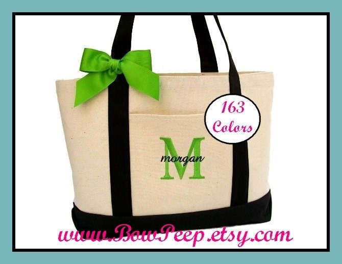 Set of 4 Black Natural Canvas Large Boat Totes with Ribbon Bow - Initial and Name Personalized Tote - bridesmaids gifts large group gift