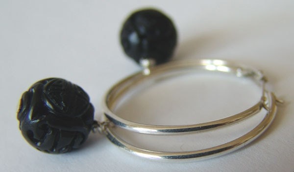 Silver Hoops with Carved Black Bead