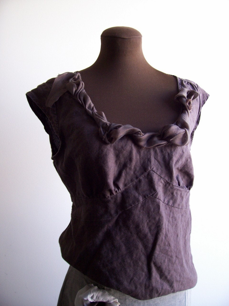 Linen Empire Waist Cap Sleeve Shirt Dark Chocolate Brown with Frill - Cambria