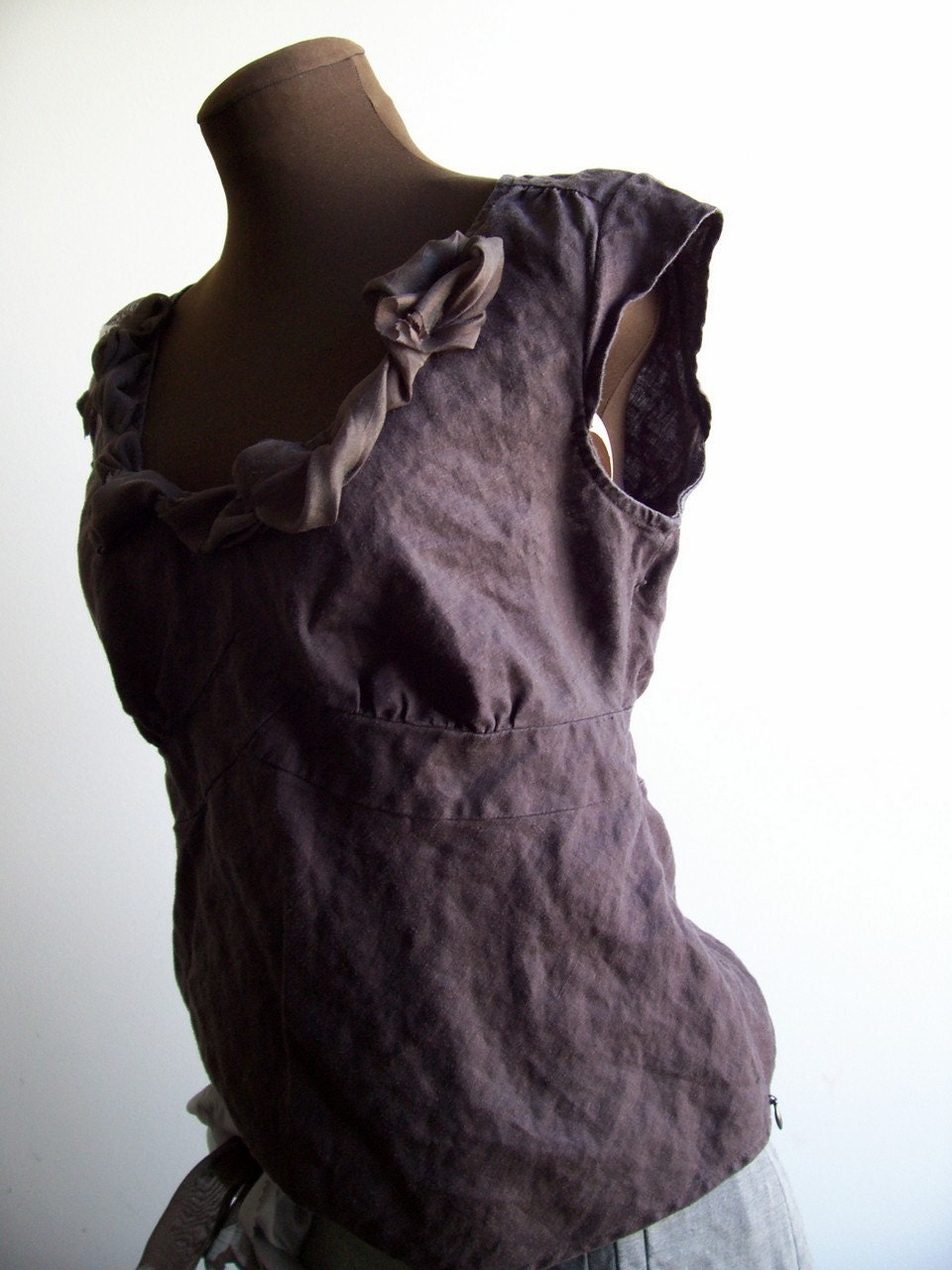 Linen Empire Waist Cap Sleeve Shirt Dark Chocolate Brown with Frill - Cambria