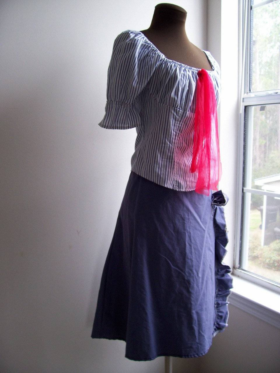 Nautical Cotton Skirt Navy Blue Pirate Wench A Line Ruffle Tattered Shabby Chic Bohemian Eco Friendly Summer Fashion Long