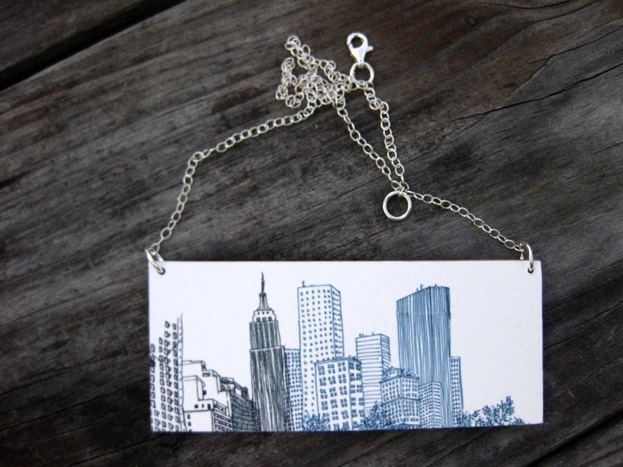 New York Skyline, 1.5x3.5 Paper and Wood Necklace