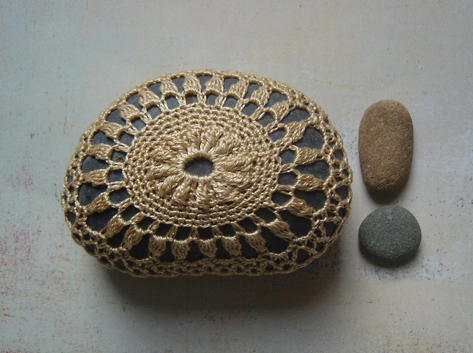 Folk Art, Table Decorations, Crochet Lace Stone, Original, Handmade, Mixed Media, Home Decor, Woodland, Golden Beige, Deep Gray Stone