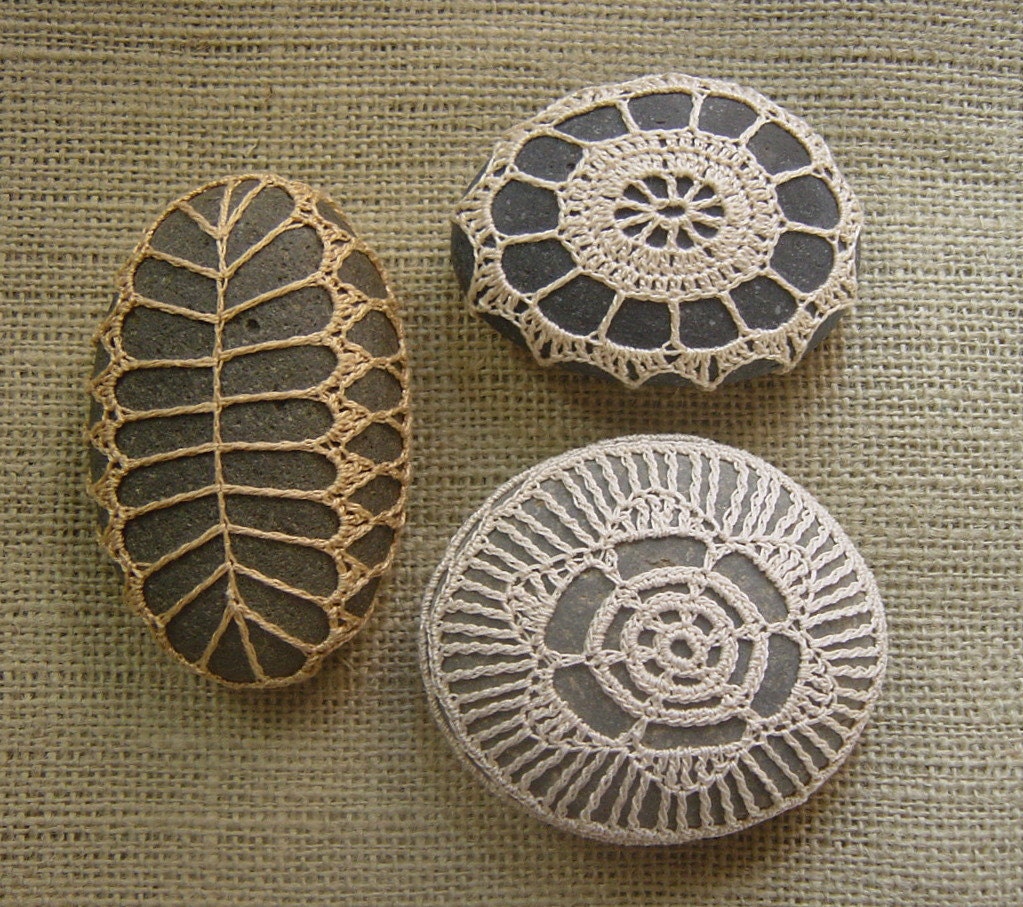 RESERVED Crocheted Lace Stones, Instant Collection of Three, Handmade