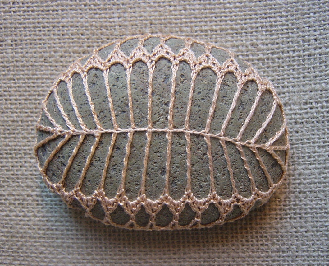 RESERVED Crocheted Lace Stone, Golden Beige, Fern Pattern, Green Speckled Stone