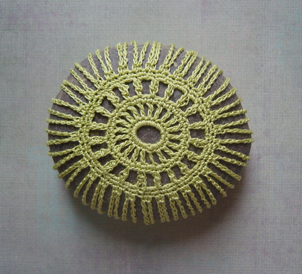 Folk Art, Mixed Media, Crochet Lace Stone, Original, Handmade, Table Decorations, Nature, Collectible, Light Green, Brown Stone