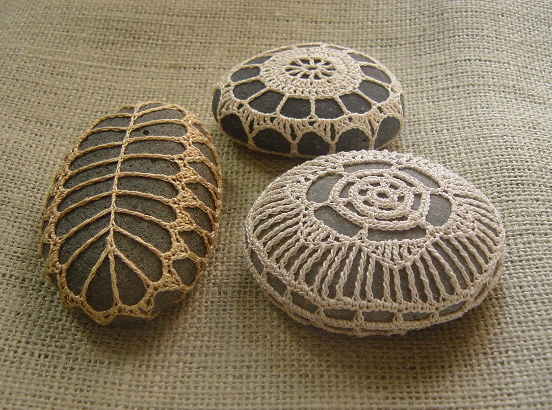 RESERVED Crocheted Lace Stones, Instant Collection of Three, Handmade