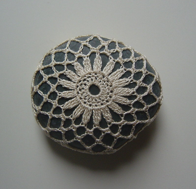 Crocheted Lace Stone, Floral Motif, Beige, Handmade