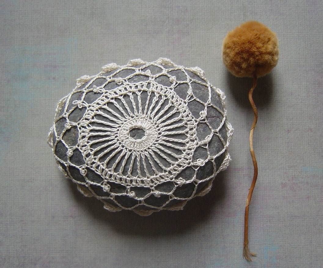 RESERVED Crocheted Lace Stone, with Tiny Stitches, Beige Thread with Gray Stone, Handmade