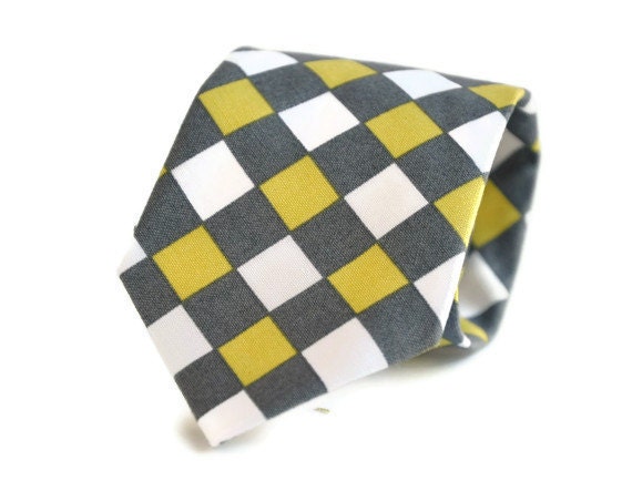 Necktie - Men's Tie or Boy's Necktie  -  Yellow and Gray Graphic Gingham