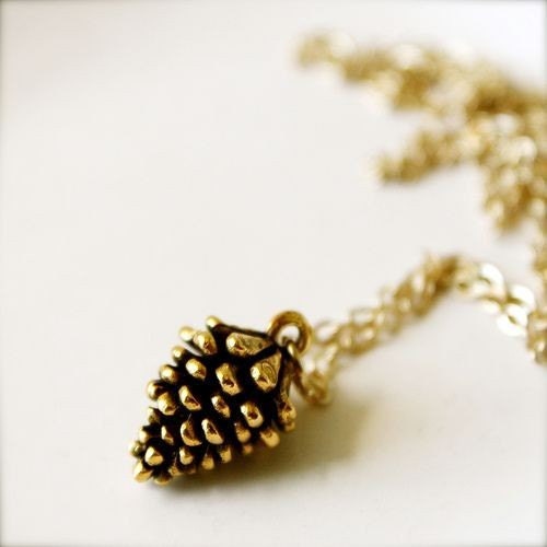 Pine -- Longing For Winter - Gold Charm Jewelry, Winter Themed, Pinecone, Momento Jewelry, Gold Necklace