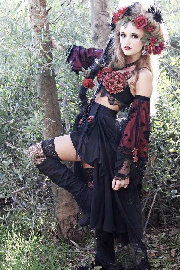 ROMANTIC Gothic Black Lace and Roses STEVIE Nicks PRINCESS Bustle dress with Juliet sleeves Ooak