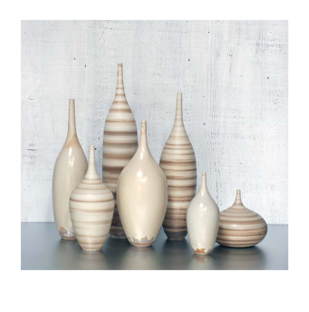 7 Stoneware Bottles in Sandstone Cream & Striped by Sara Paloma