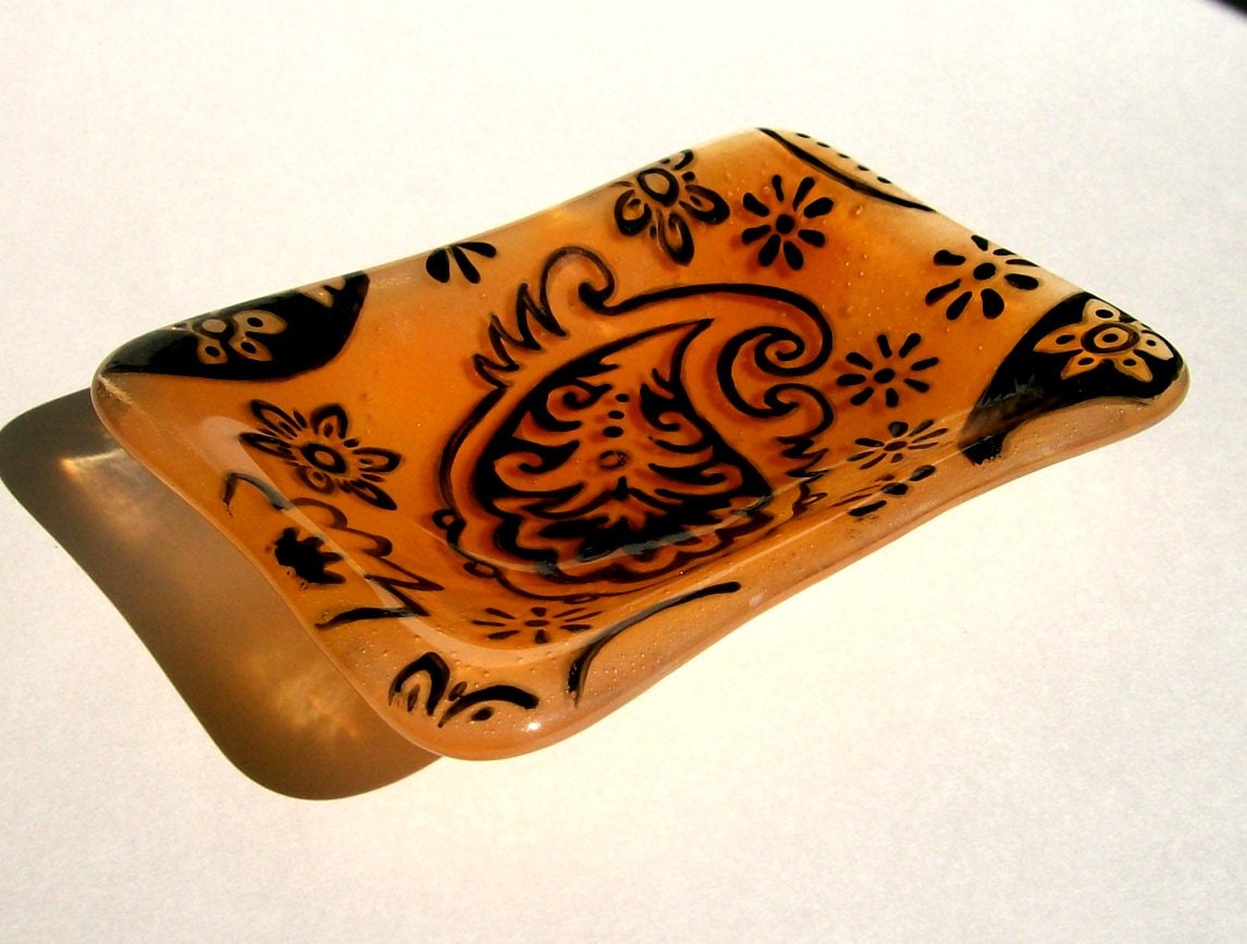 Fused Glass Soap Dish in Orange and Peach with Paisley Design