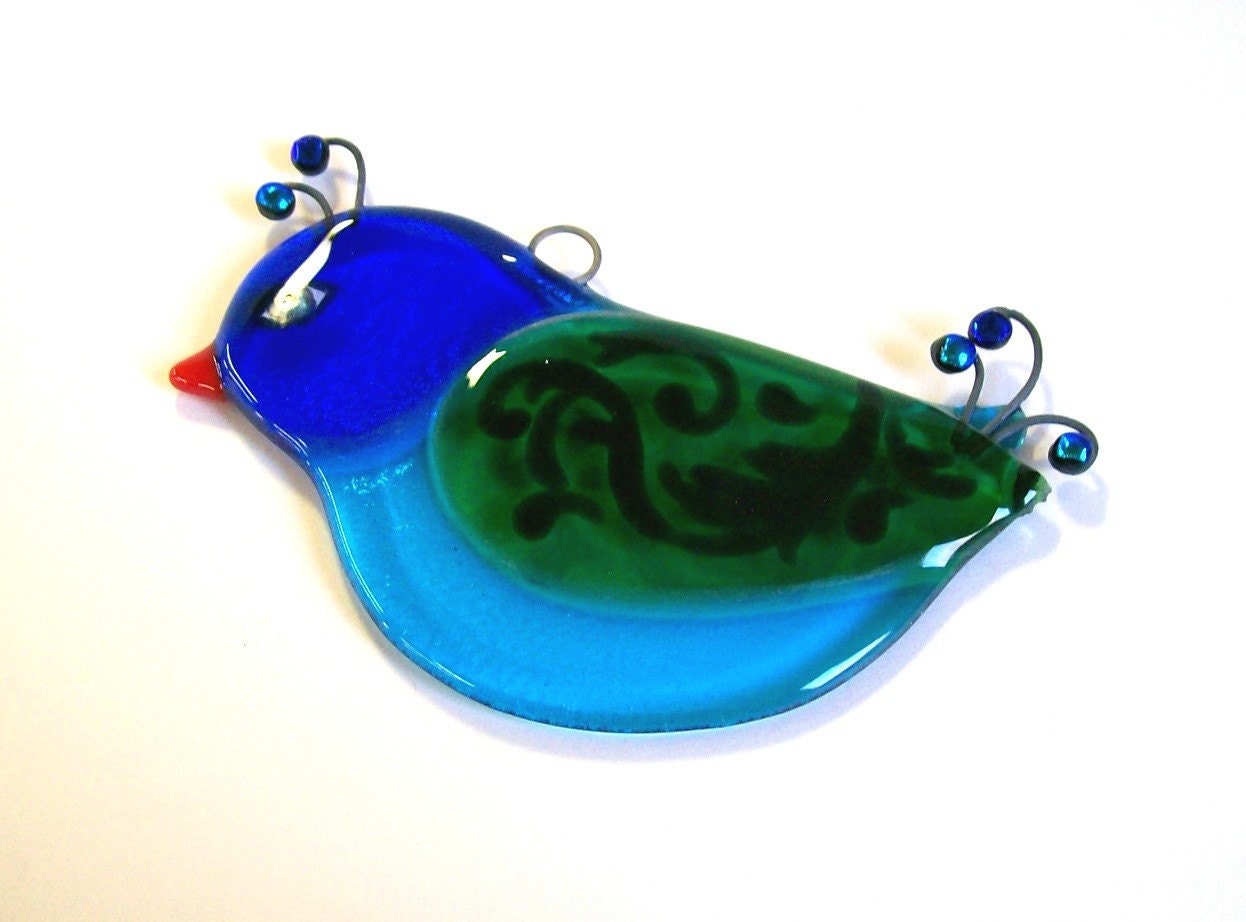 Fused Glass Suncatcher (Turquoise, blue, green bird)