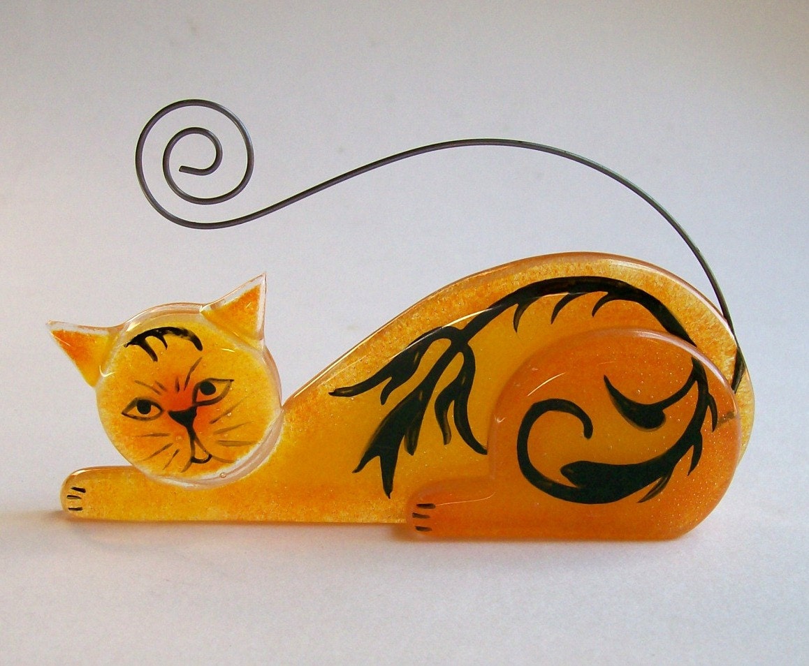 Business Card Holder/Photo Holder  Fused Glass (Scrap Daddy Cat in Orange)
