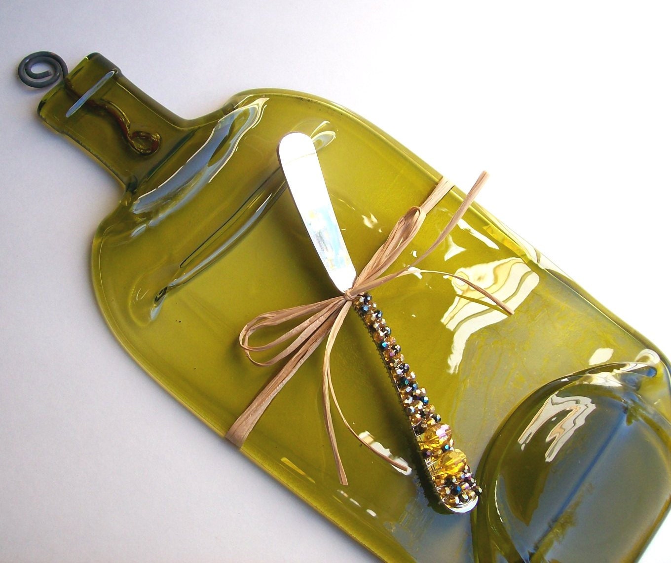 Flattened Wine Bottle Serving Tray/Cheese Board (recycled) Lt. Olive with Beaded Cheese Spreader
