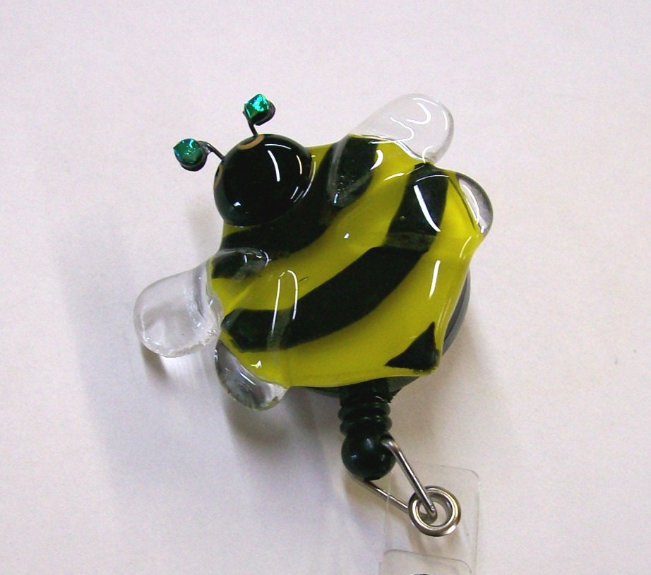 Retractable Badge Holder Fused Glass Bumble Bee
