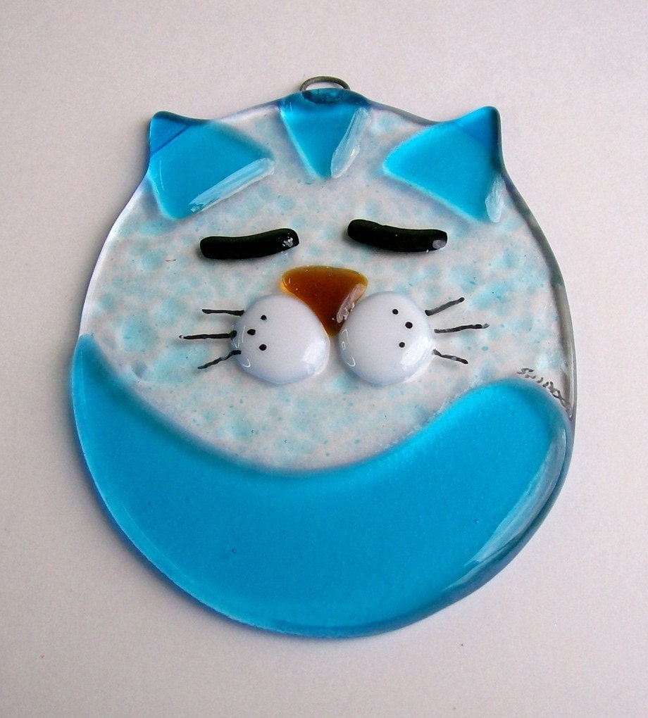 Fused Glass Suncatcher- Fat Cat (Turquoise)