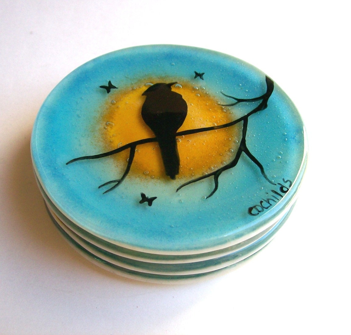 Fused Glass Coasters (Birds On A Branch)