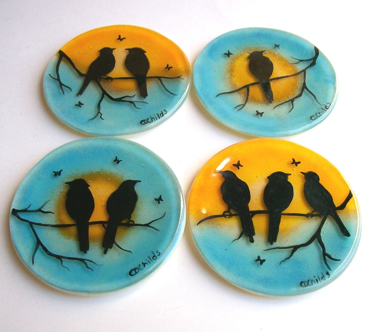 Fused Glass Coasters (Birds On A Branch)