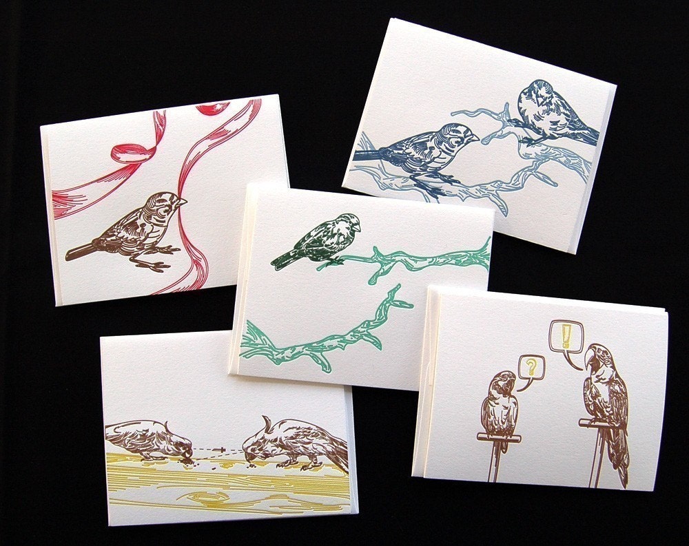 Letterpress greeting cards, set of five birds
