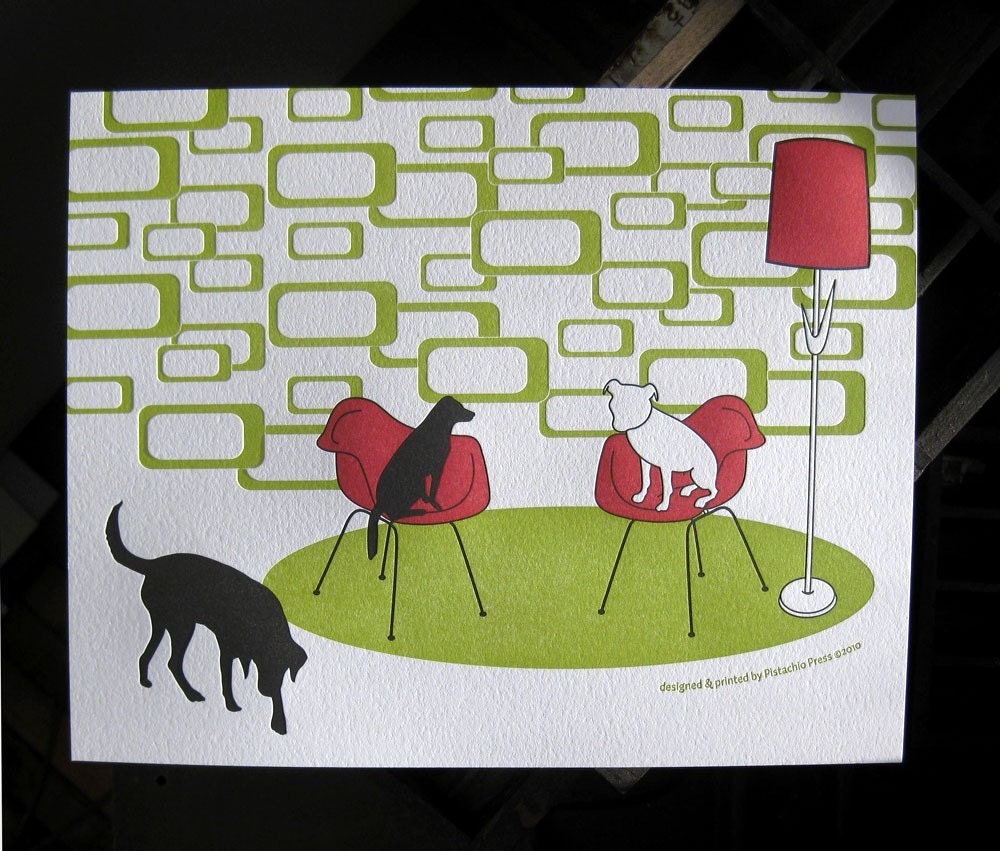 Dogs on Mod Chairs, limited edition letterpress