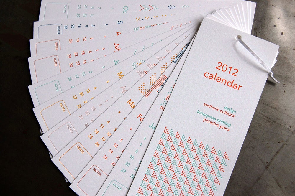 SALE 2012 Cross Stitch Calendar, letterpress, GIFT WRAPPED