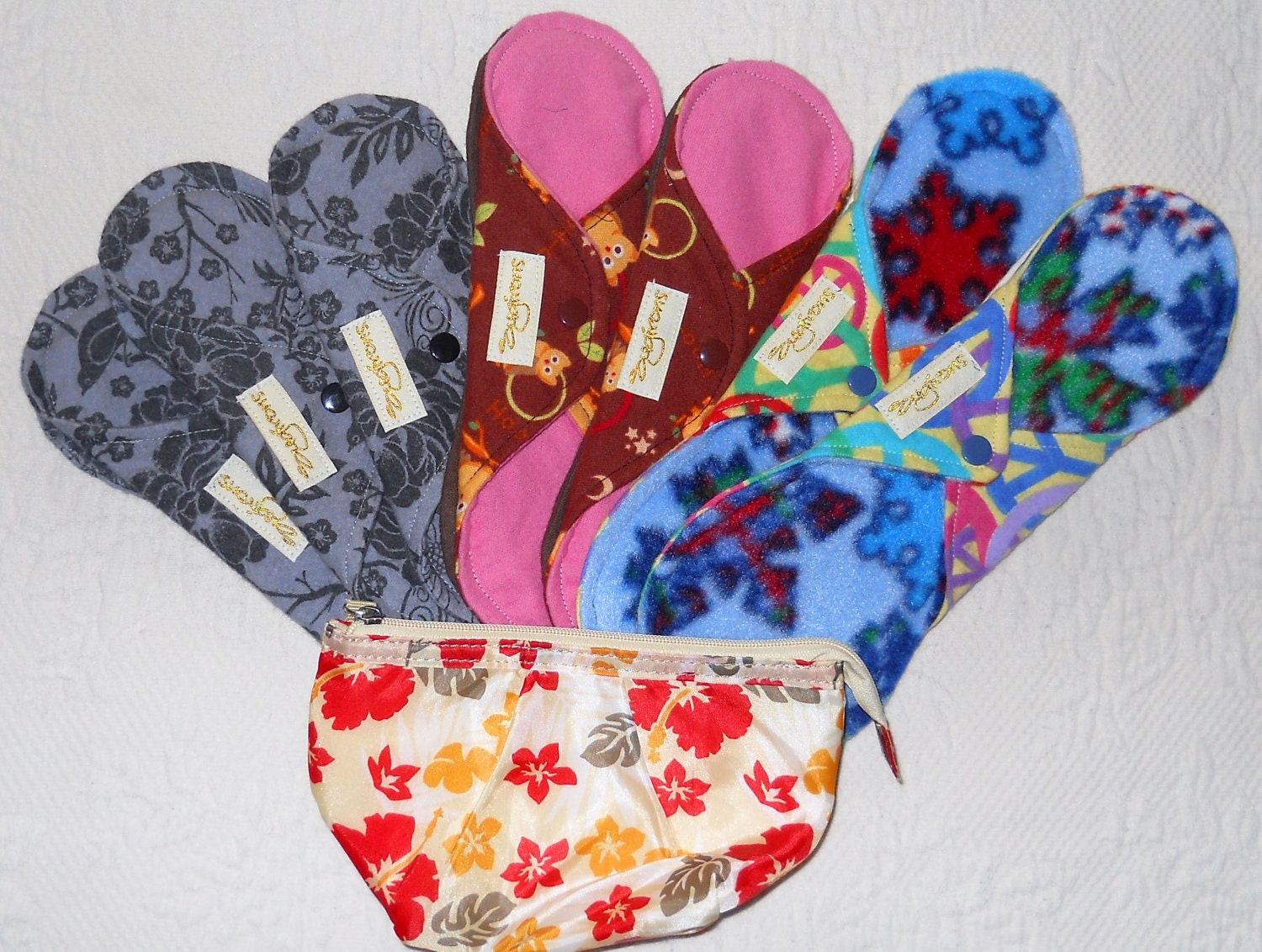 Starter Set of 7 Cloth menstrual pads -- cotton flannel-ZORB-PUL with FREE wet bag