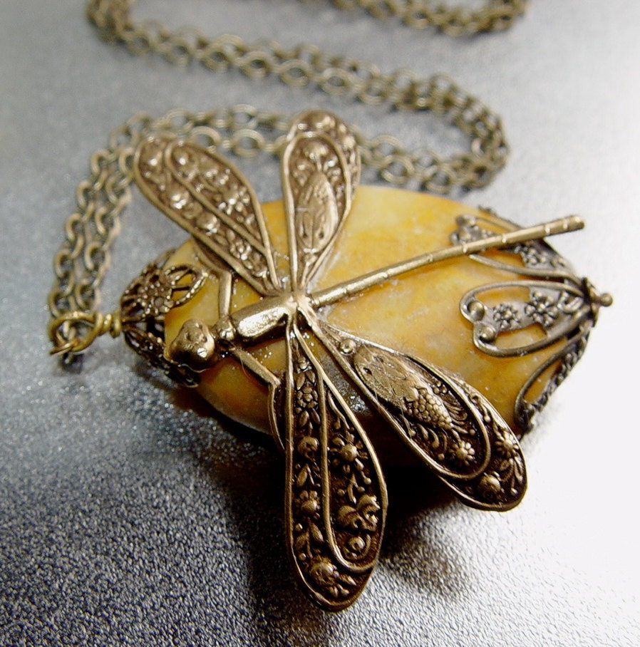 Rustic Dragonfly - Natural Stone Antique Brass Filigree Charm Chain Necklace - IslandGirlDesigns