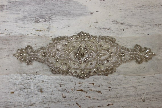 Jennifer Silver Crystal / Pearl Bridal Sash on Silk Ivory Organza, Wedding Sash, Crystal Sash, beaded wedding belt