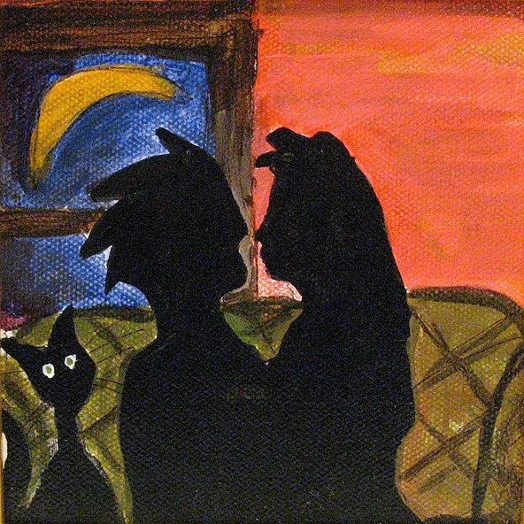 Funny Valentine Art - Bad Date Painting - Kissing Couple with Cat - Original Painting